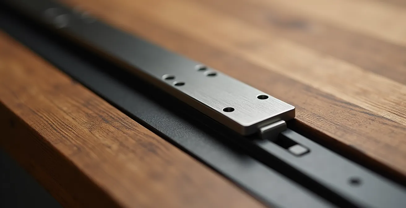 Vue macro du mécanisme métallique d'une table extensible