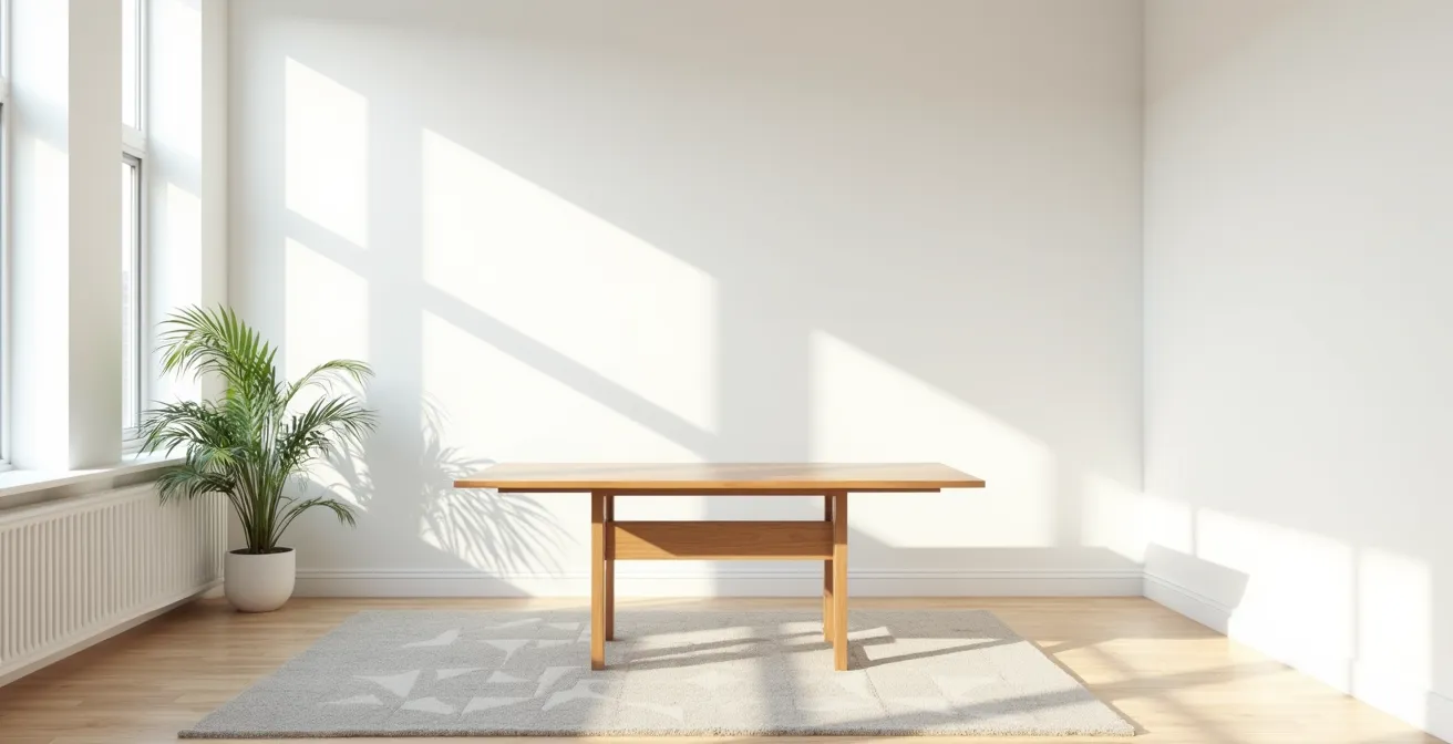 Vue d'ensemble d'un salon minimaliste avec table extensible en position fermée
